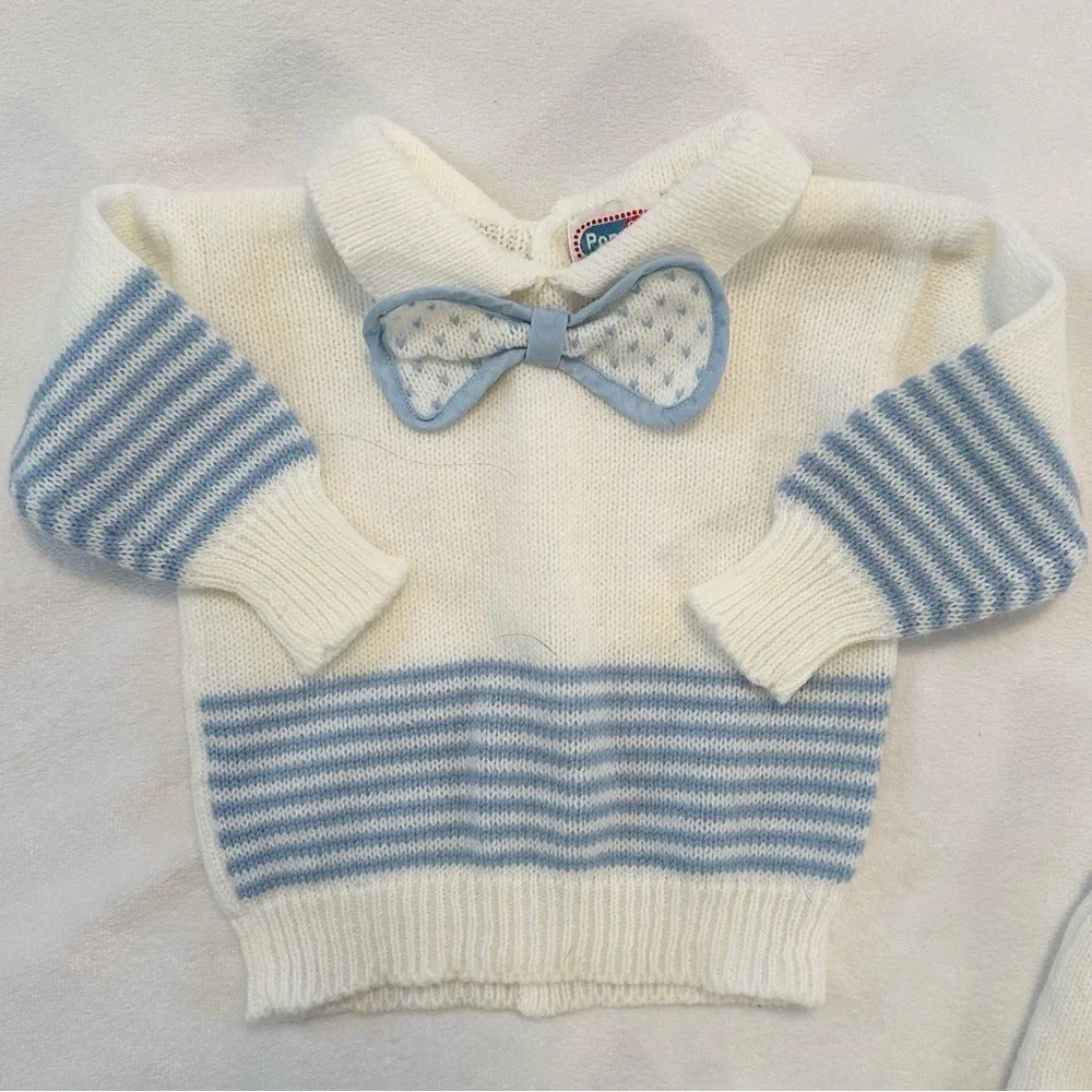 Vintage Baby Boys Popsicle Sweater Top & Pants Set 12M 2Pc Ivory Blue Bow tie